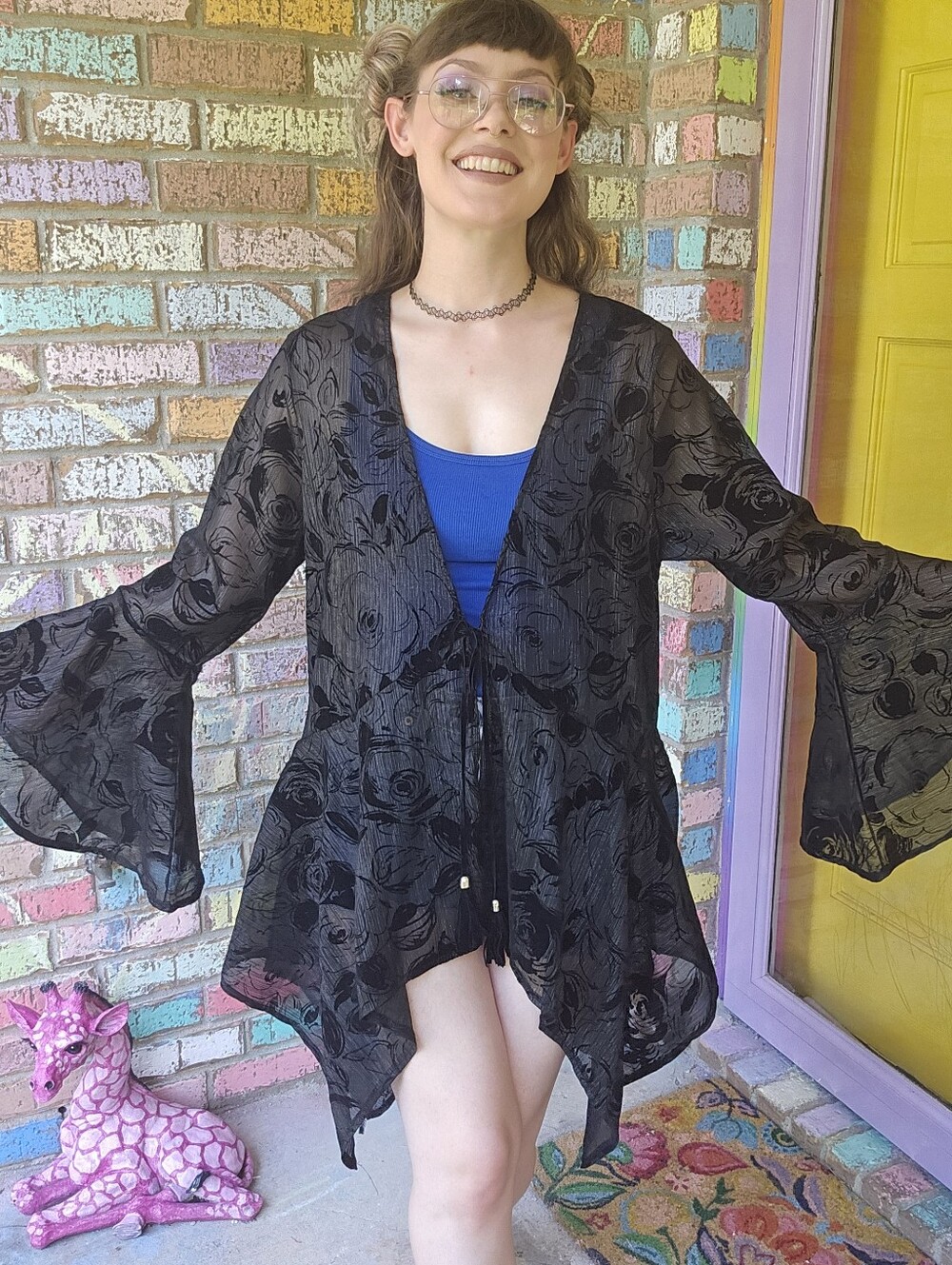 Lavanya Woman Black Burnout Floral V-Neck Flowy Bell Sleeve Witchy Tunic
